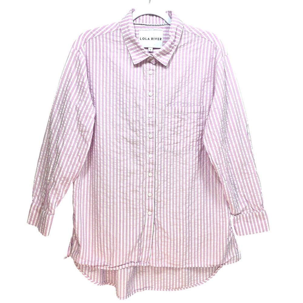 Anthro Lola River Seersucker Striped Button Down Shirt Womens L Oversized Pink